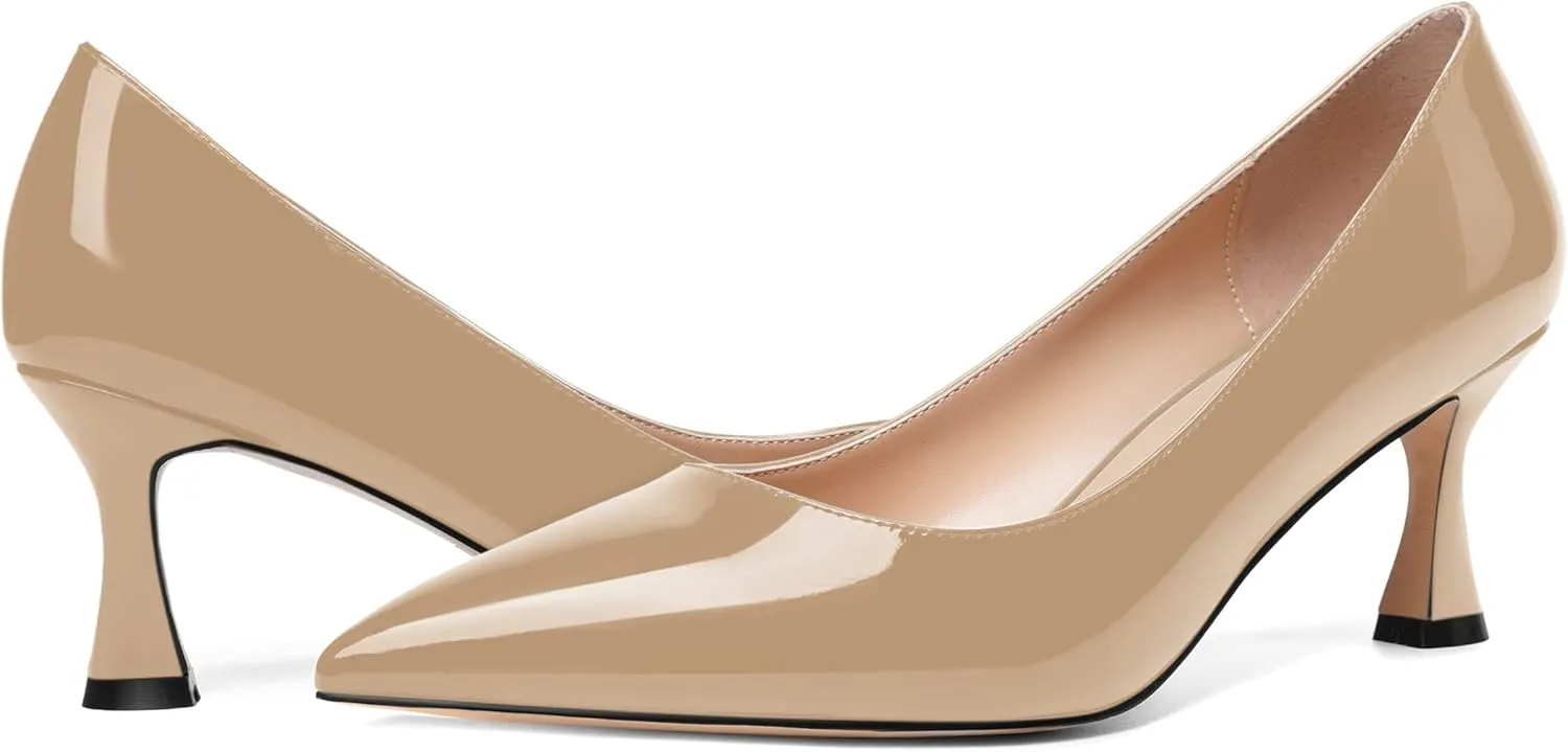 AMBELIGHT Womens Solid Office Dress Slip On Patent Pointed Toe Stiletto Mid Heel Pumps Shoes 2.5 Inch