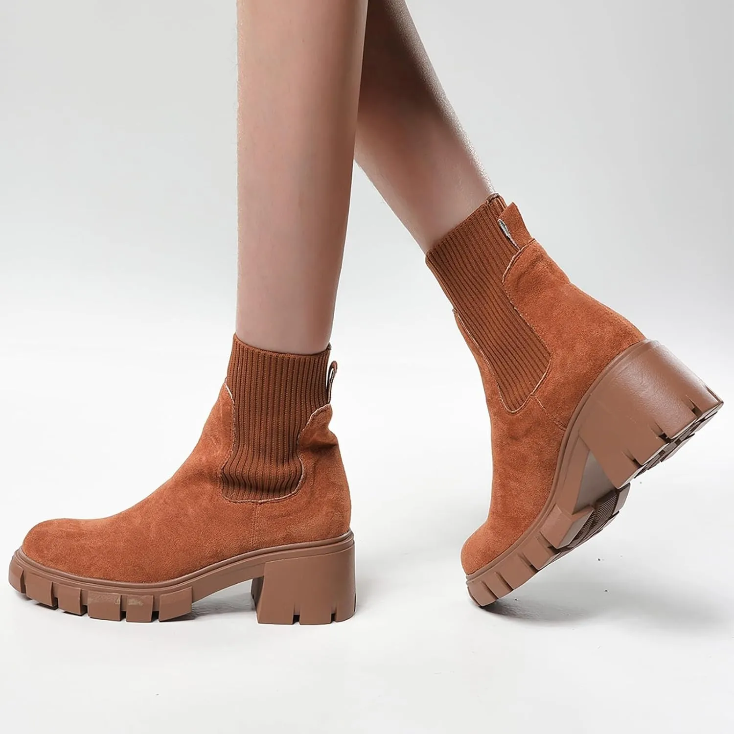 Ankle Boots for Women Faux Suede Chelsea Boots Lug Sole Elastic Thick Heel Chunky Block Platform Slip-on Fashion Booties