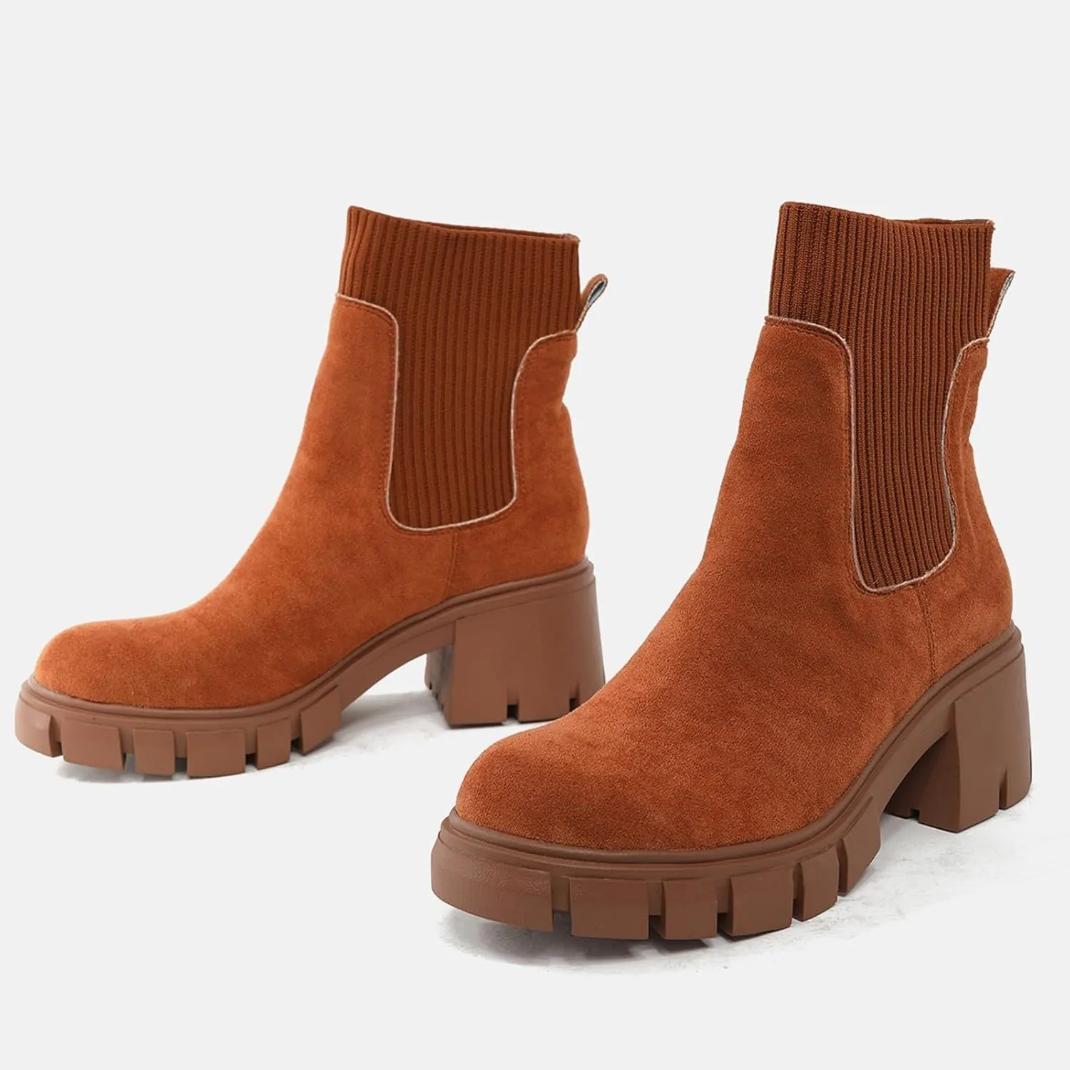Ankle Boots for Women Faux Suede Chelsea Boots Lug Sole Elastic Thick Heel Chunky Block Platform Slip-on Fashion Booties