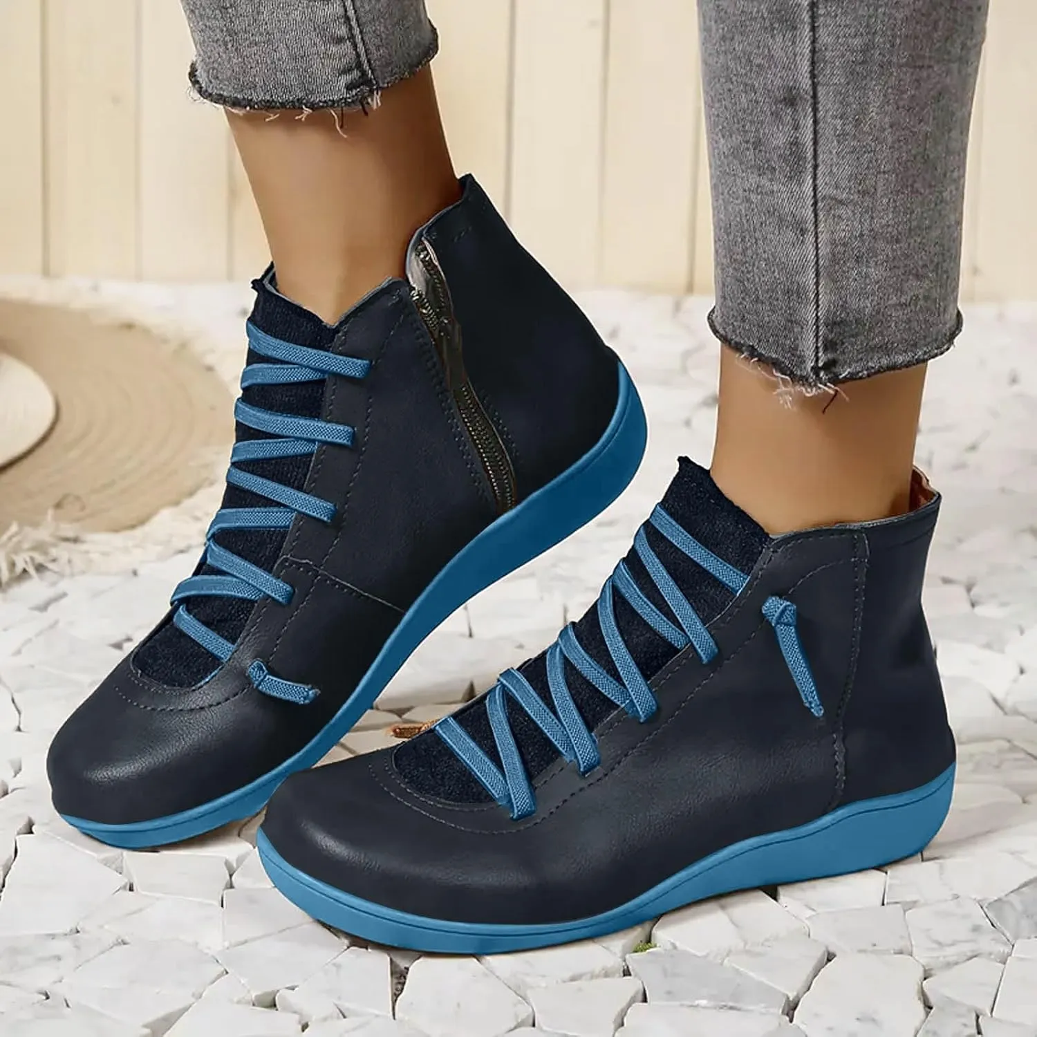 Ankle Boots for Women Low Heel Leather Cowboy Boots Round Toe Vintage Arch Support Western Boots Slip On Booties