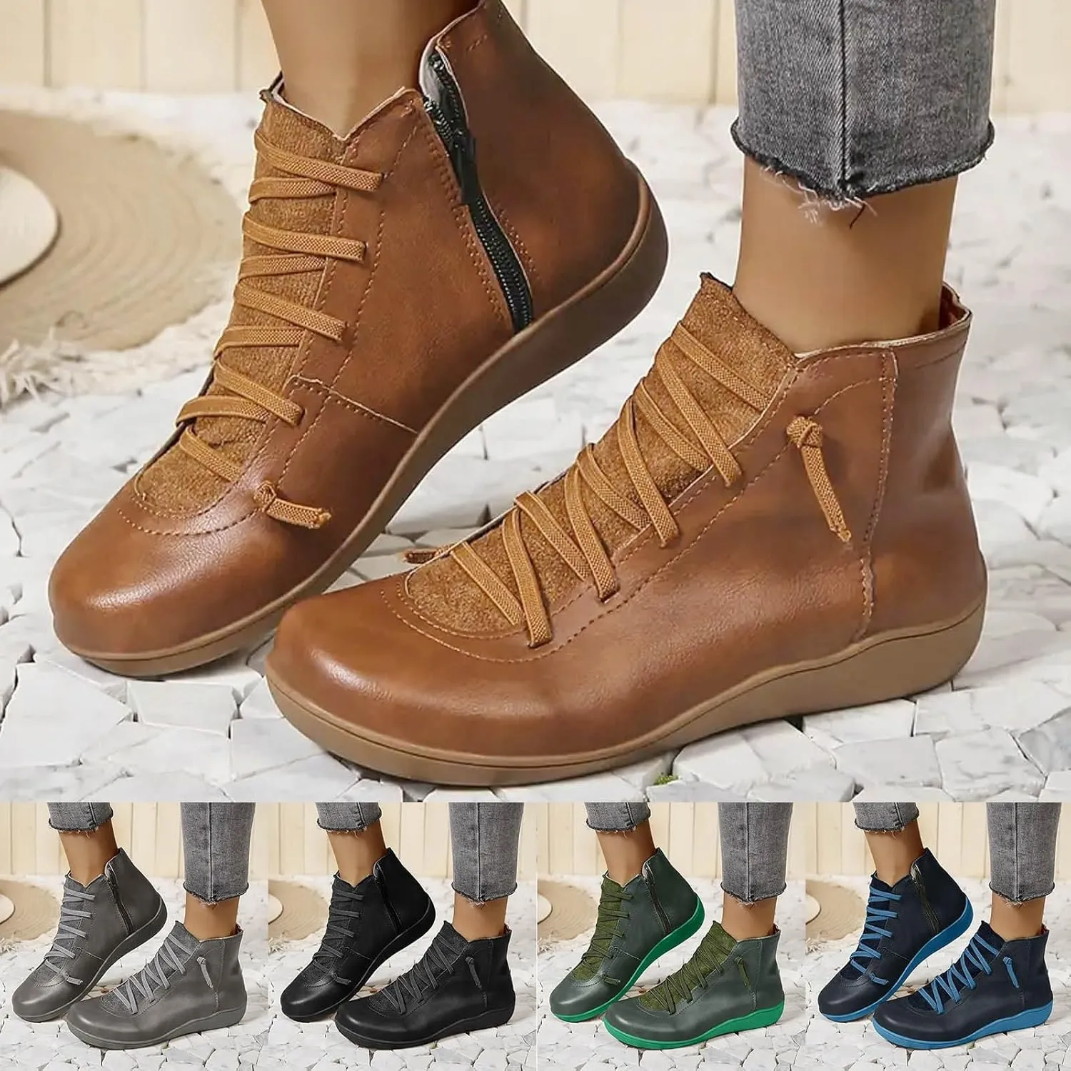 Ankle Boots for Women Low Heel Leather Cowboy Boots Round Toe Vintage Arch Support Western Boots Slip On Booties