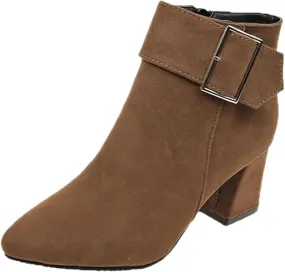 Ankle Boots for Women, Metal Buckle Pointed Toe Suede Chunky Block High Heels Ankle Boots With Side Zip Short Boots