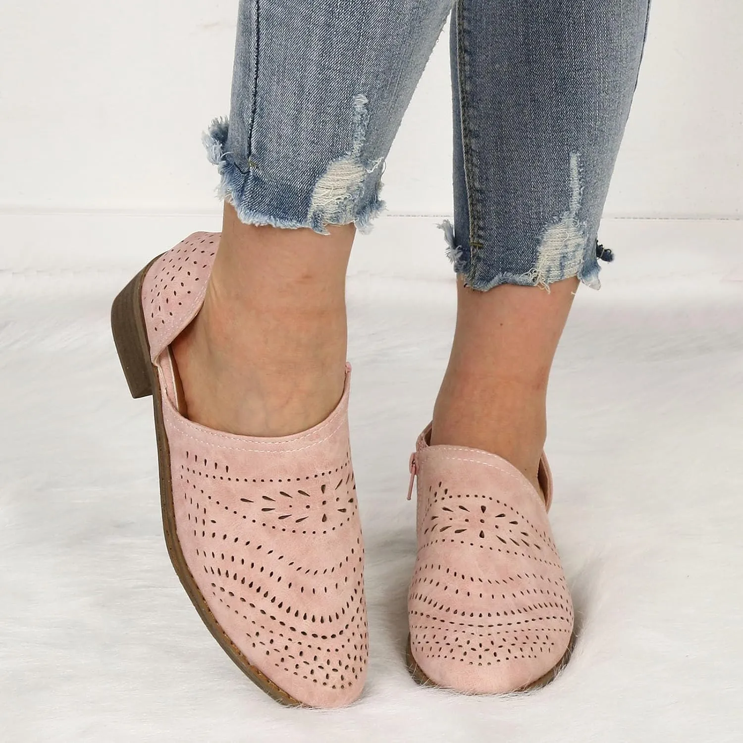 Ankle Boots for Women Pointed Toe Women's Perforated Slip On Chunky Block Low Heel Shoes Office Dress Casual Fashion Booties