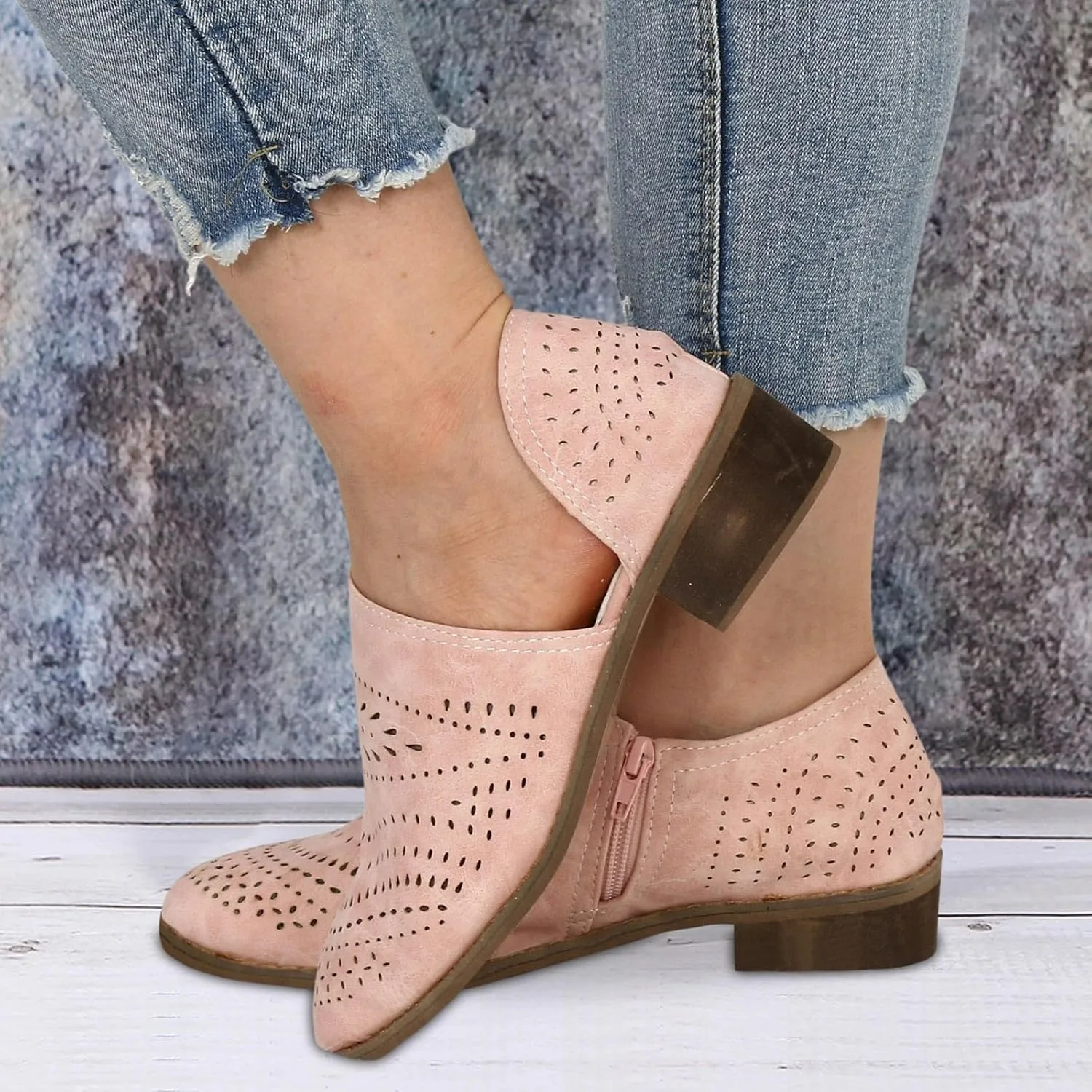 Ankle Boots for Women Pointed Toe Women's Perforated Slip On Chunky Block Low Heel Shoes Office Dress Casual Fashion Booties
