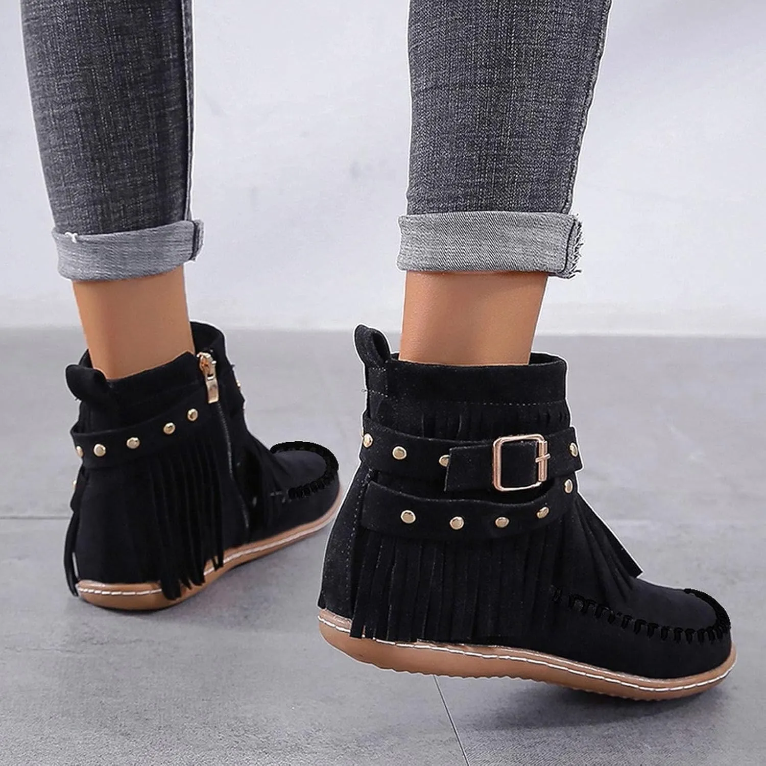 Ankle Boots for Women, Vintage Tassel Suede Wide Round Toe Ankle Boots With Side Zipper Winter Mid Calf Short Dress Boots