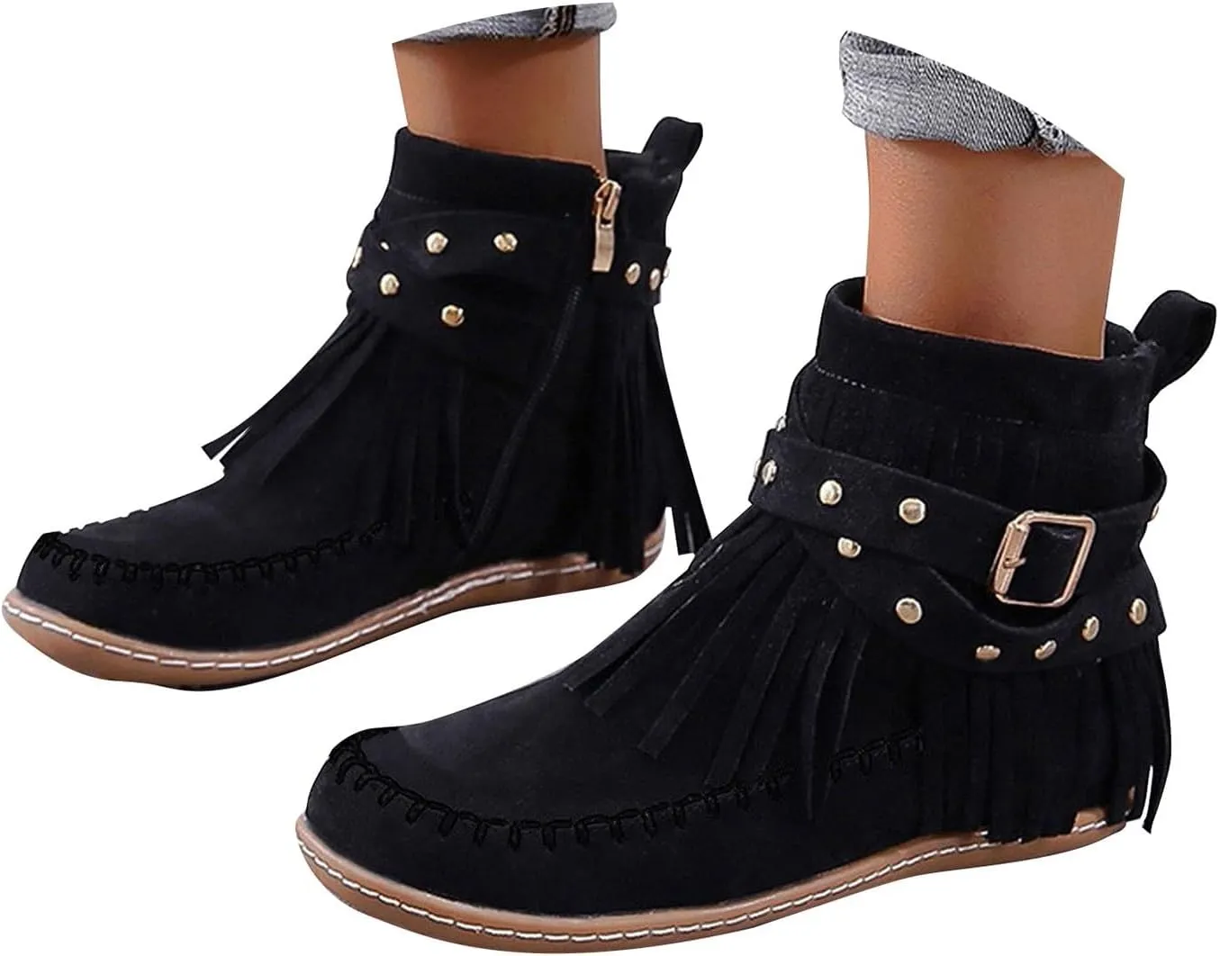 Ankle Boots for Women, Vintage Tassel Suede Wide Round Toe Ankle Boots With Side Zipper Winter Mid Calf Short Dress Boots