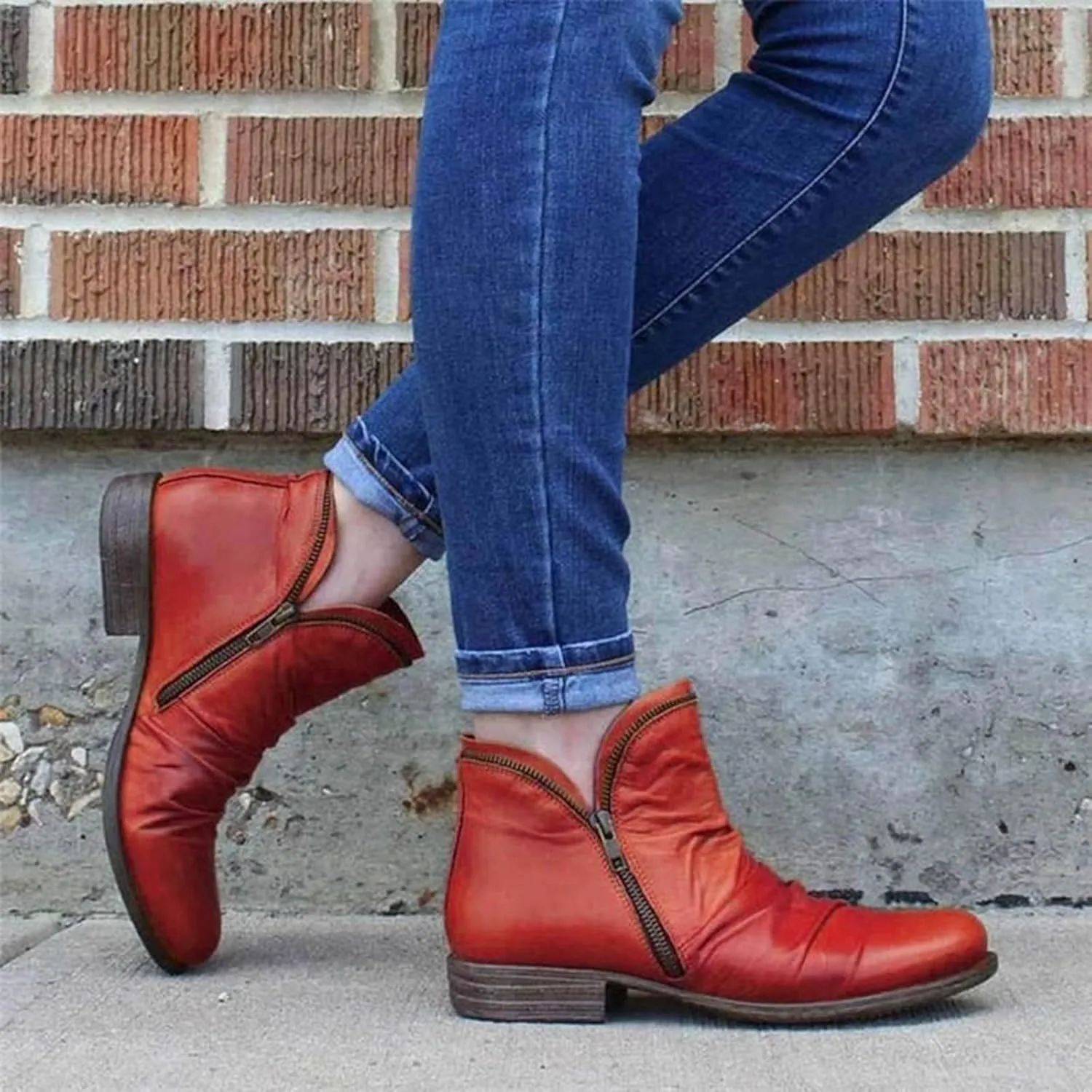 Ankle Boots for Women Women's Fashion Western Retro Zipper Riding Solid Chunky Heel Casual Vintage Short Side V Cut Out Boots
