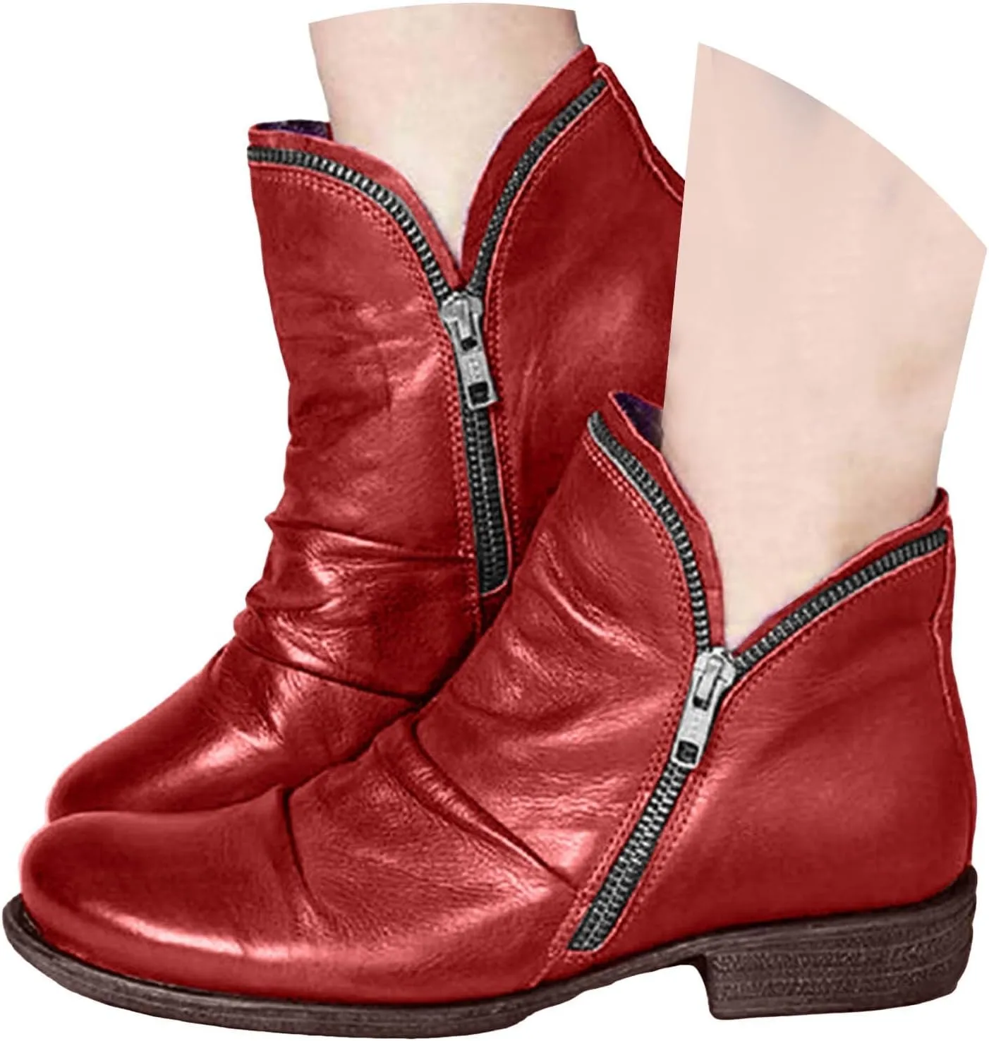 Ankle Boots for Women Women's Fashion Western Retro Zipper Riding Solid Chunky Heel Casual Vintage Short Side V Cut Out Boots