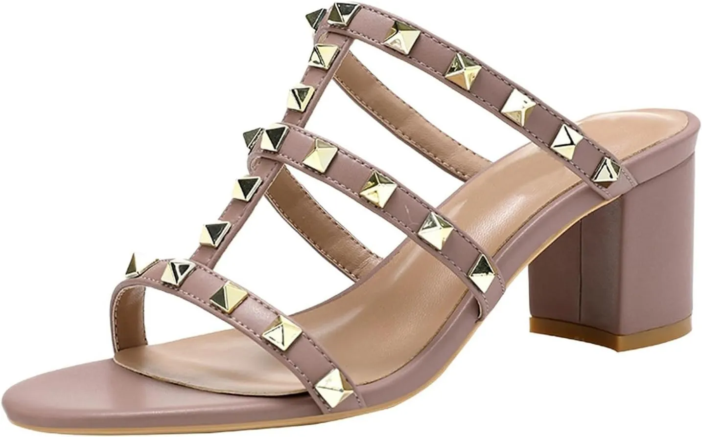 bbruriy Heeled Sandals with Studs for Womens Studded Strappy Chunky high heels Slingback Open toe block mid heel Dressy Pumps Shoes