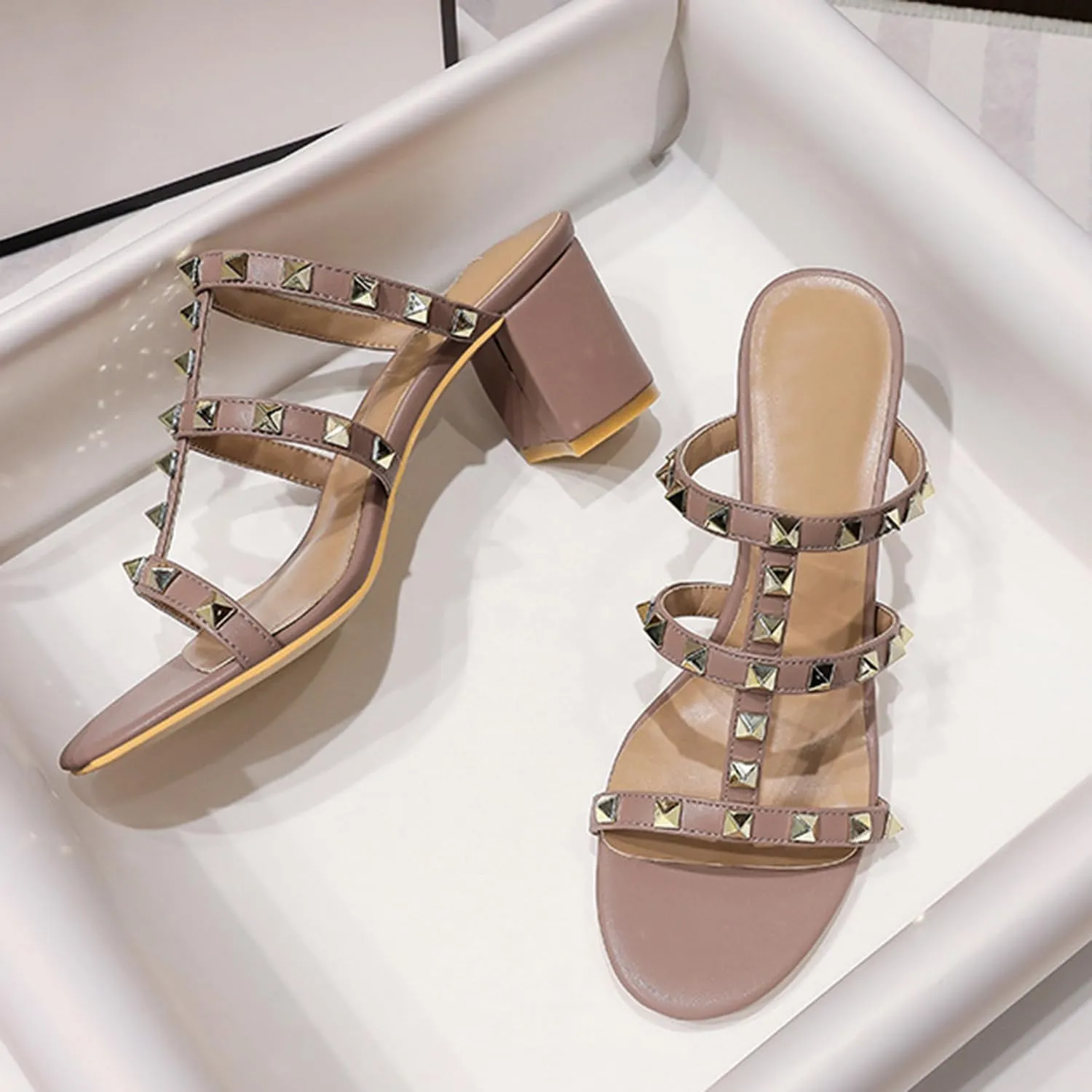 bbruriy Heeled Sandals with Studs for Womens Studded Strappy Chunky high heels Slingback Open toe block mid heel Dressy Pumps Shoes