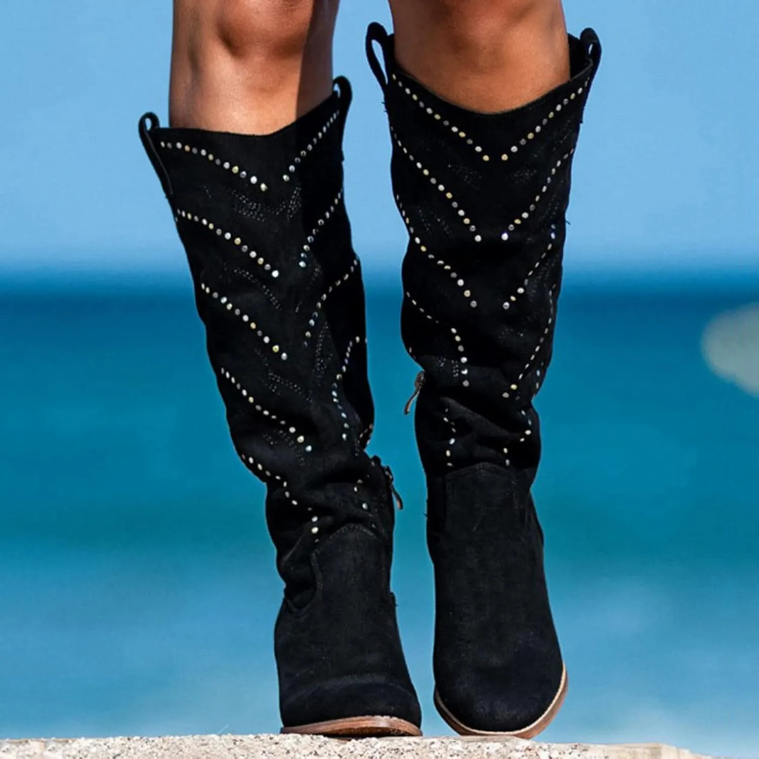 Bcshiye Women's Wide Calf Mid Chunky Heel Knee High Boots Winter Suede Side Zipper Western Riding Cowgirl Dress Booties