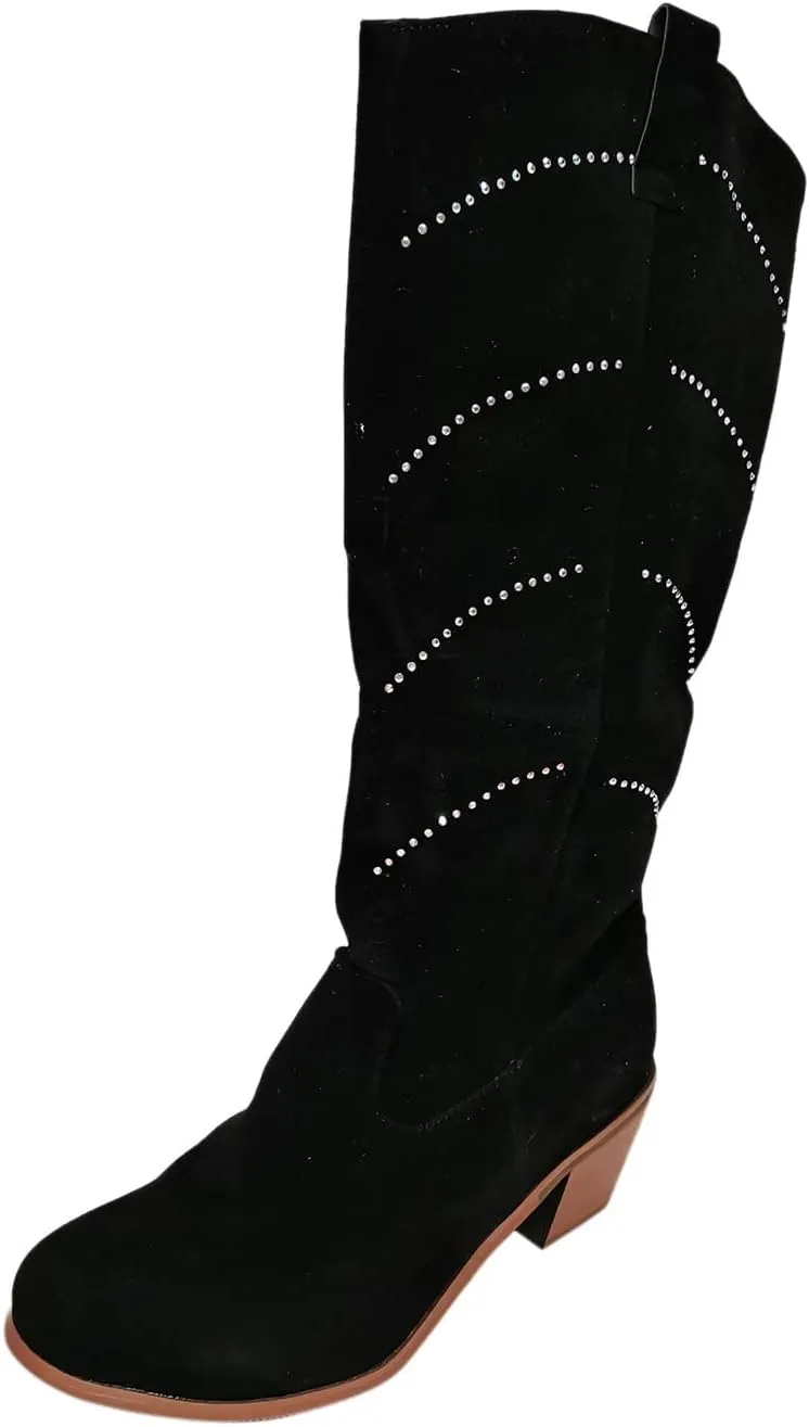 Bcshiye Women's Wide Calf Mid Chunky Heel Knee High Boots Winter Suede Side Zipper Western Riding Cowgirl Dress Booties