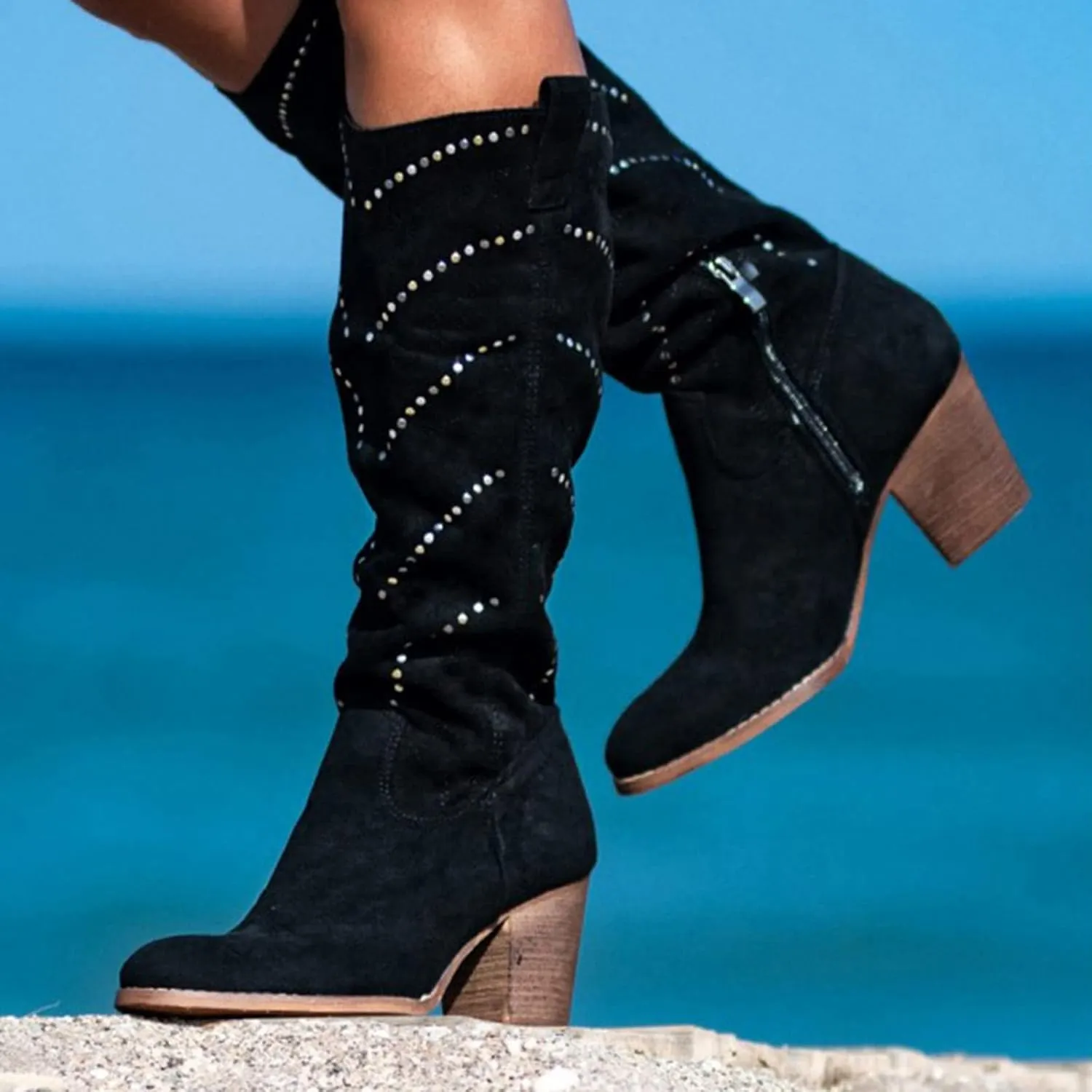 Bcshiye Women's Wide Calf Mid Chunky Heel Knee High Boots Winter Suede Side Zipper Western Riding Cowgirl Dress Booties