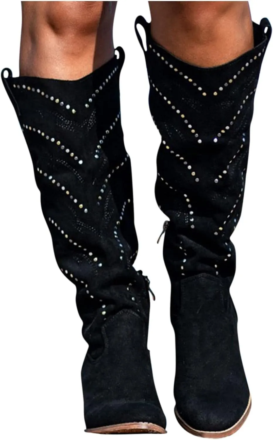 Bcshiye Women's Wide Calf Mid Chunky Heel Knee High Boots Winter Suede Side Zipper Western Riding Cowgirl Dress Booties