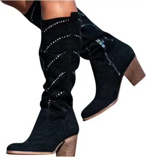 Bcshiye Women's Wide Calf Mid Chunky Heel Knee High Boots Winter Suede Side Zipper Western Riding Cowgirl Dress Booties
