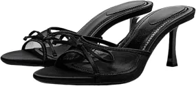 Black Kitten Heels for Women Open Round Toe Bow Mesh Mules Heels Slip on Backless Animal Print Slide Heeled Sandals Dress Party Wedding Stiletto High Heels