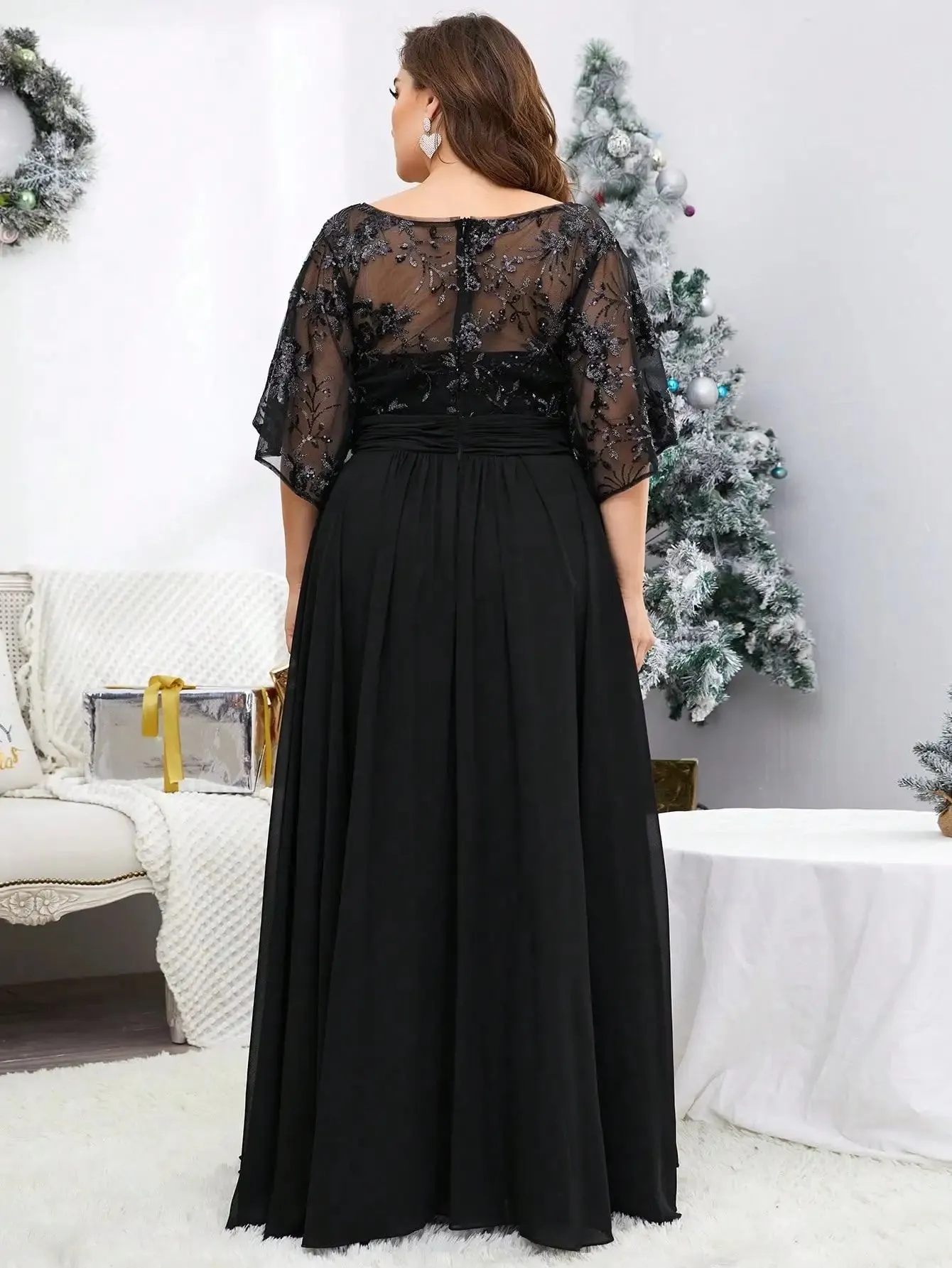 Black Lace Sequins Half Sleeve Plus Size Evening Dress