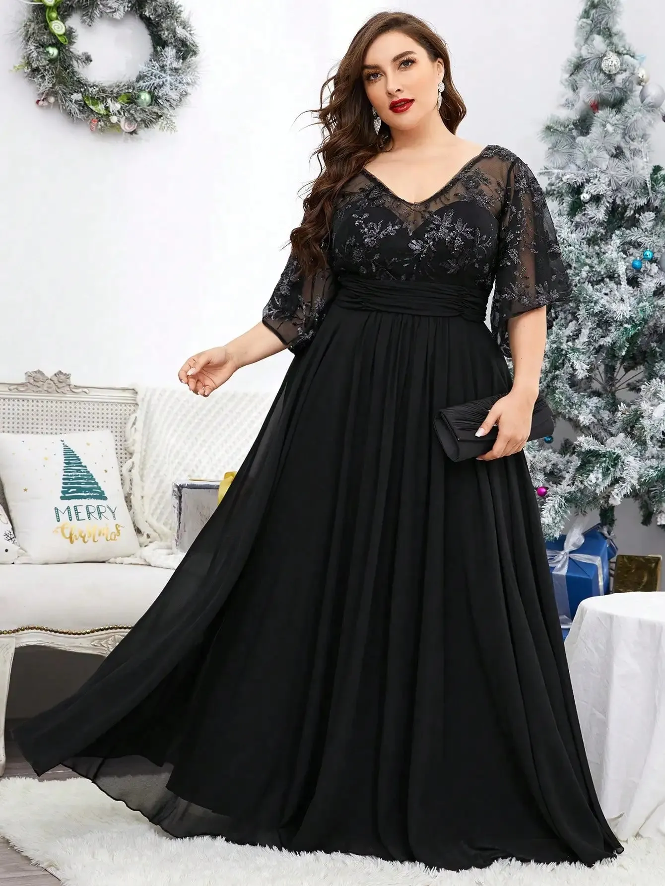 Black Lace Sequins Half Sleeve Plus Size Evening Dress