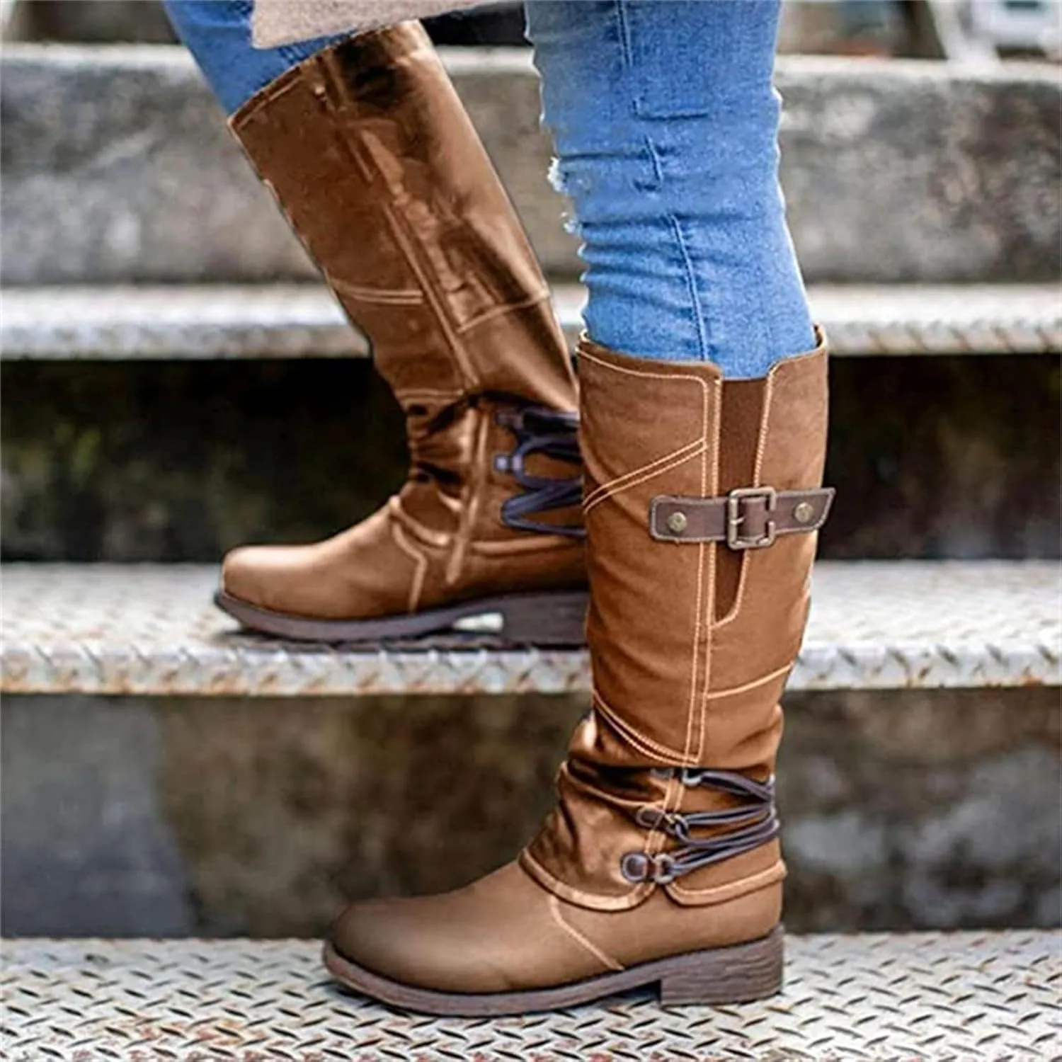 Boots For Women Knee High Wide Calf Leather Military Combat Boots Side Zipper Low Heel Motorcycle Riding Biker Boots