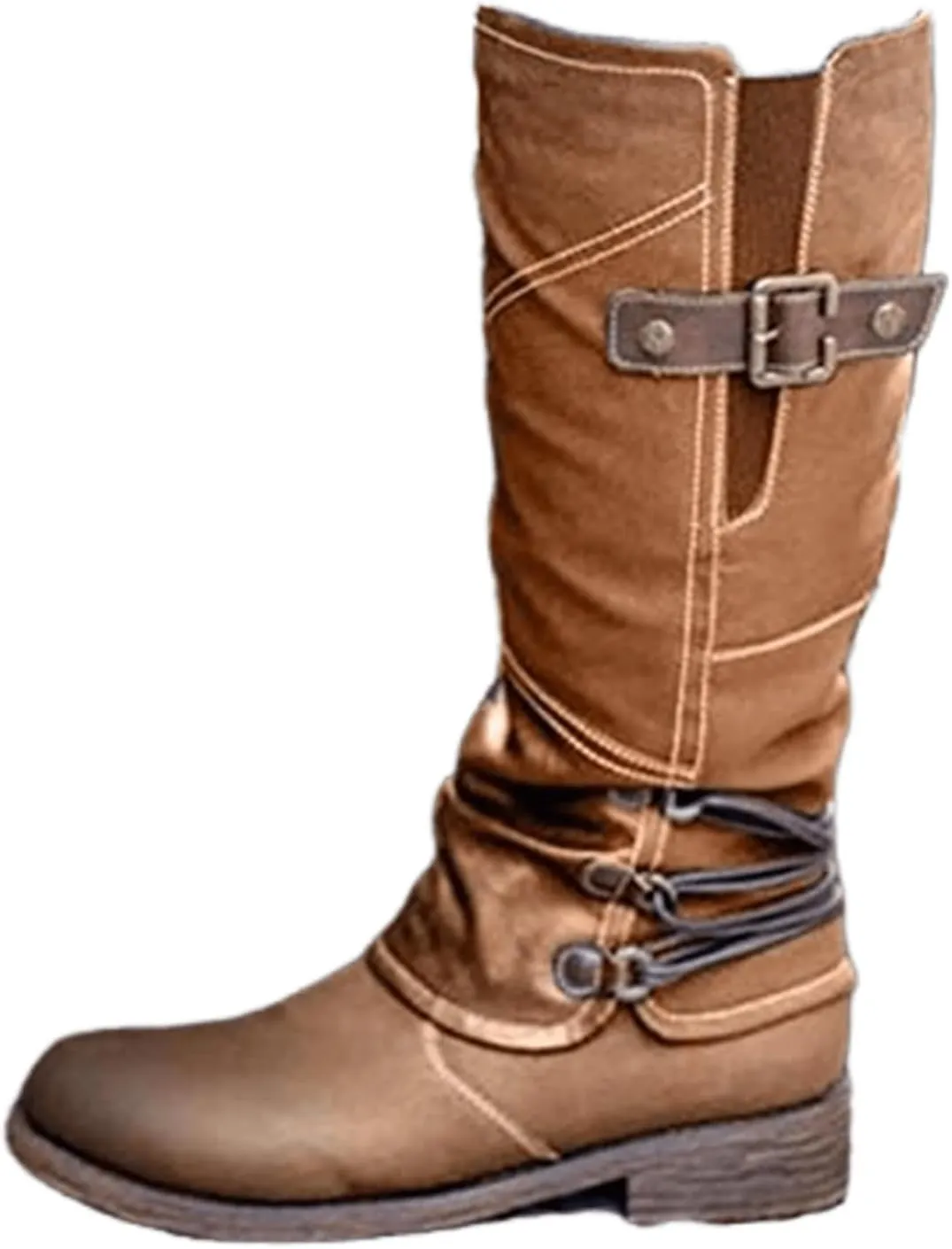 Boots For Women Knee High Wide Calf Leather Military Combat Boots Side Zipper Low Heel Motorcycle Riding Biker Boots