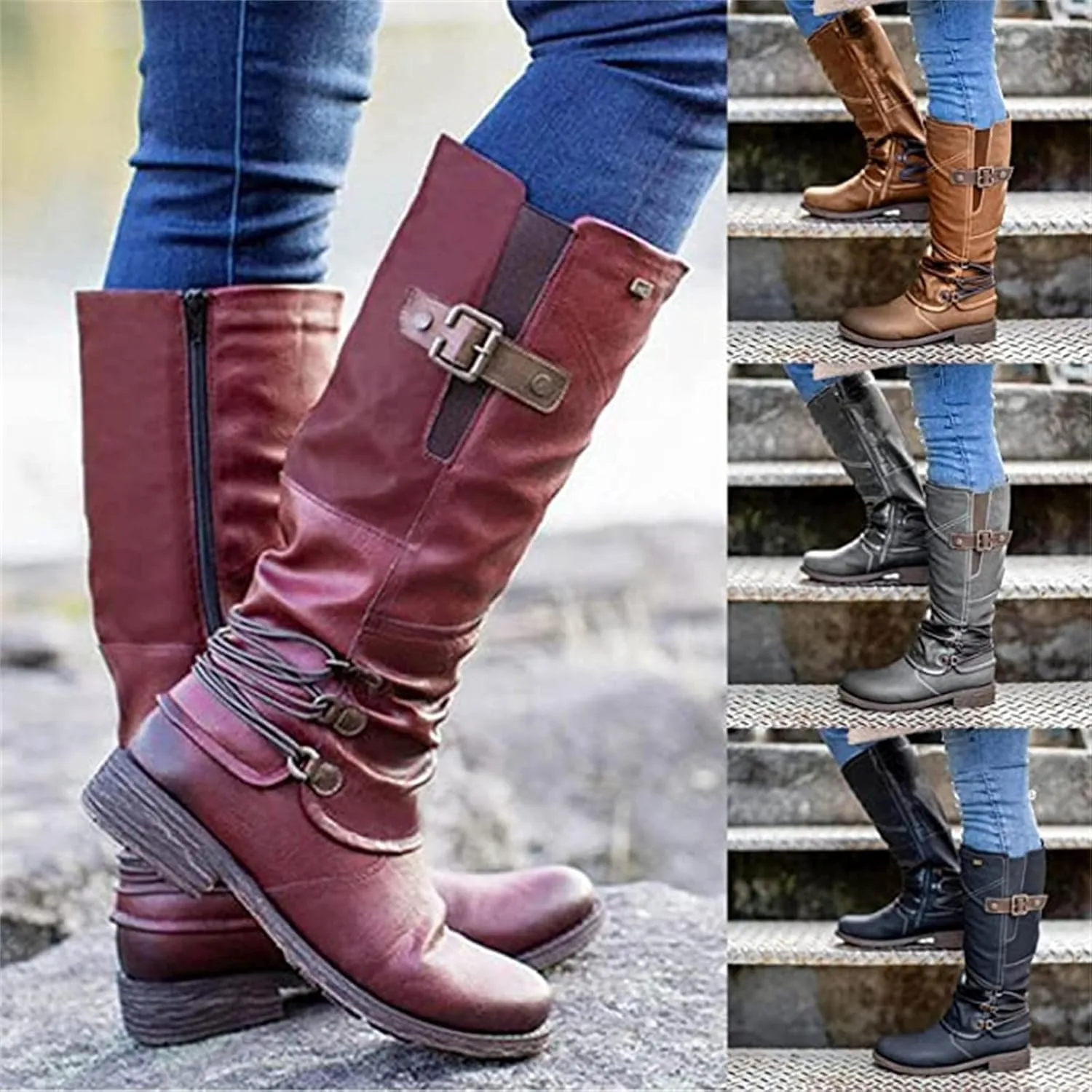 Boots For Women Knee High Wide Calf Leather Military Combat Boots Side Zipper Low Heel Motorcycle Riding Biker Boots