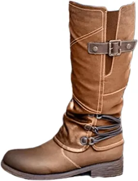 Boots For Women Knee High Wide Calf Leather Military Combat Boots Side Zipper Low Heel Motorcycle Riding Biker Boots