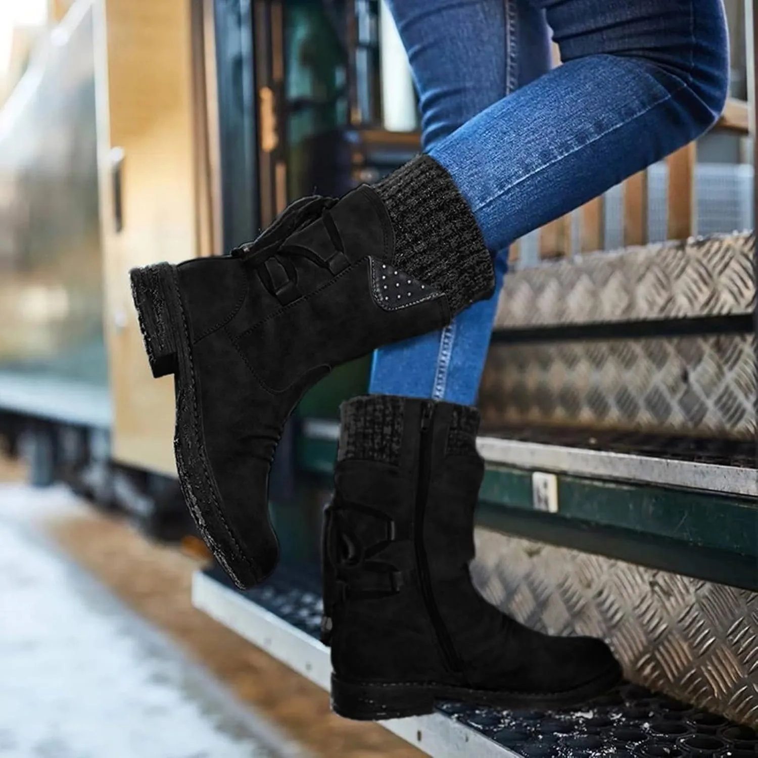 Boots for Women Winter Warm Fur Lined Riding Western Fashion Mid Calf Round Toe Booties Chunky Heel Side Zipper with Lace up