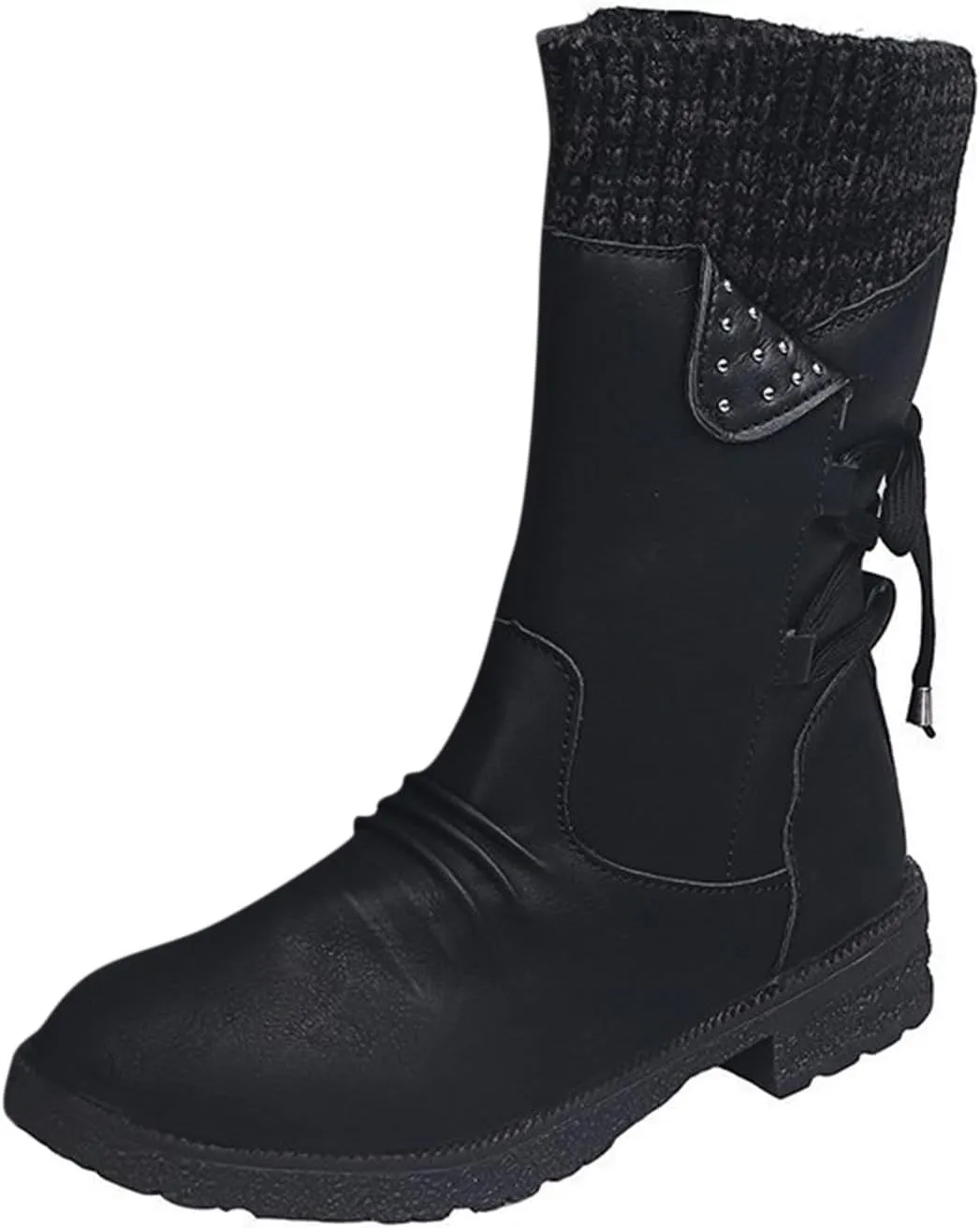 Boots for Women Winter Warm Fur Lined Riding Western Fashion Mid Calf Round Toe Booties Chunky Heel Side Zipper with Lace up
