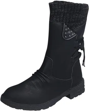 Boots for Women Winter Warm Fur Lined Riding Western Fashion Mid Calf Round Toe Booties Chunky Heel Side Zipper with Lace up