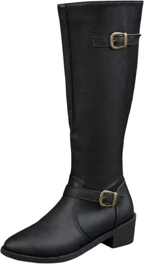 Boots for Women Women's Mid Calf Casual Western Comfortable Boots Fashion Boots Chunky Low Heel with Buckle Strap