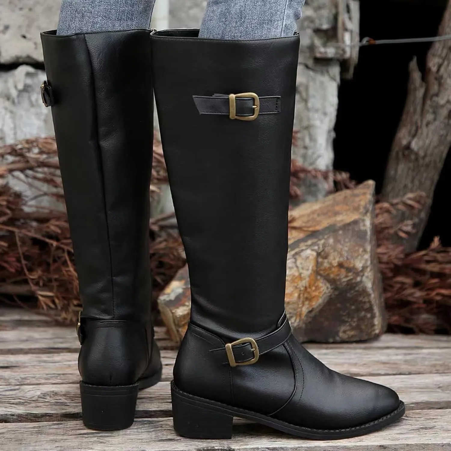 Boots for Women Women's Mid Calf Casual Western Comfortable Boots Fashion Boots Chunky Low Heel with Buckle Strap