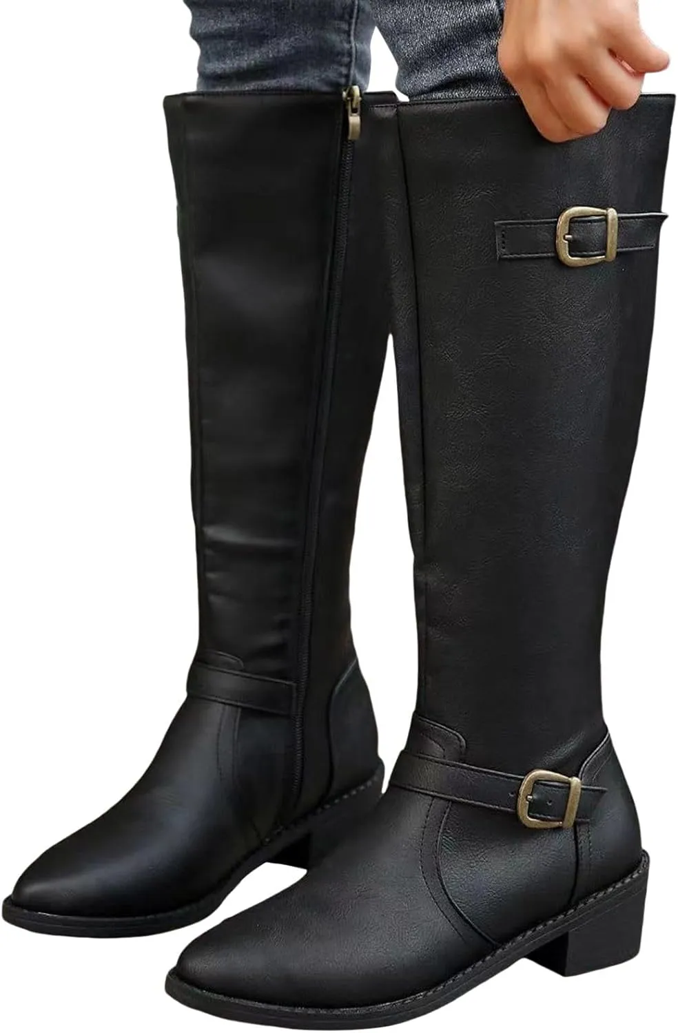 Boots for Women Women's Mid Calf Casual Western Comfortable Boots Fashion Boots Chunky Low Heel with Buckle Strap