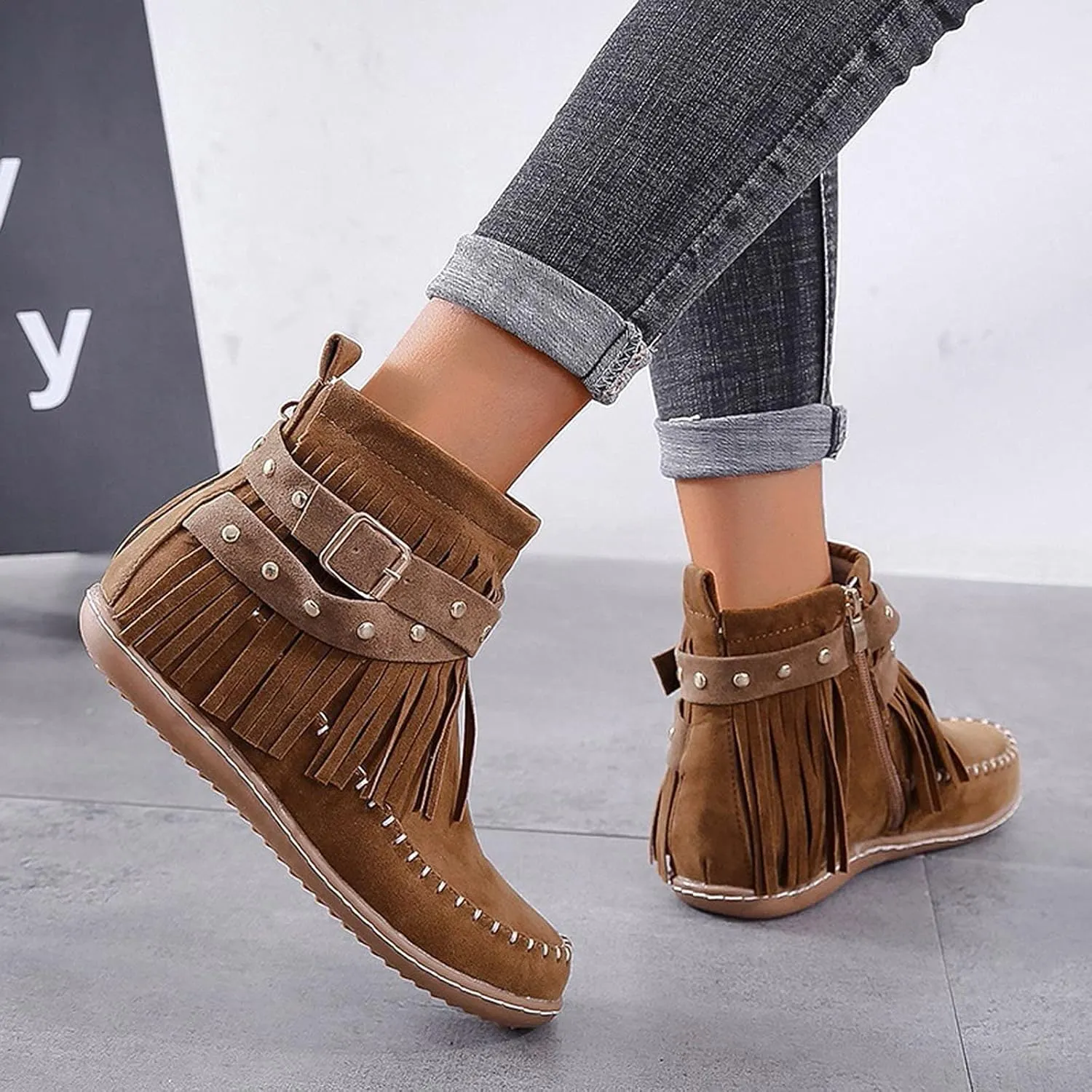 Cathalem Ankle Booties for Women Suede Fringe Ankle Boots Round Toe Flats Winter Warm Western Outdoor Short Boots with Zipper