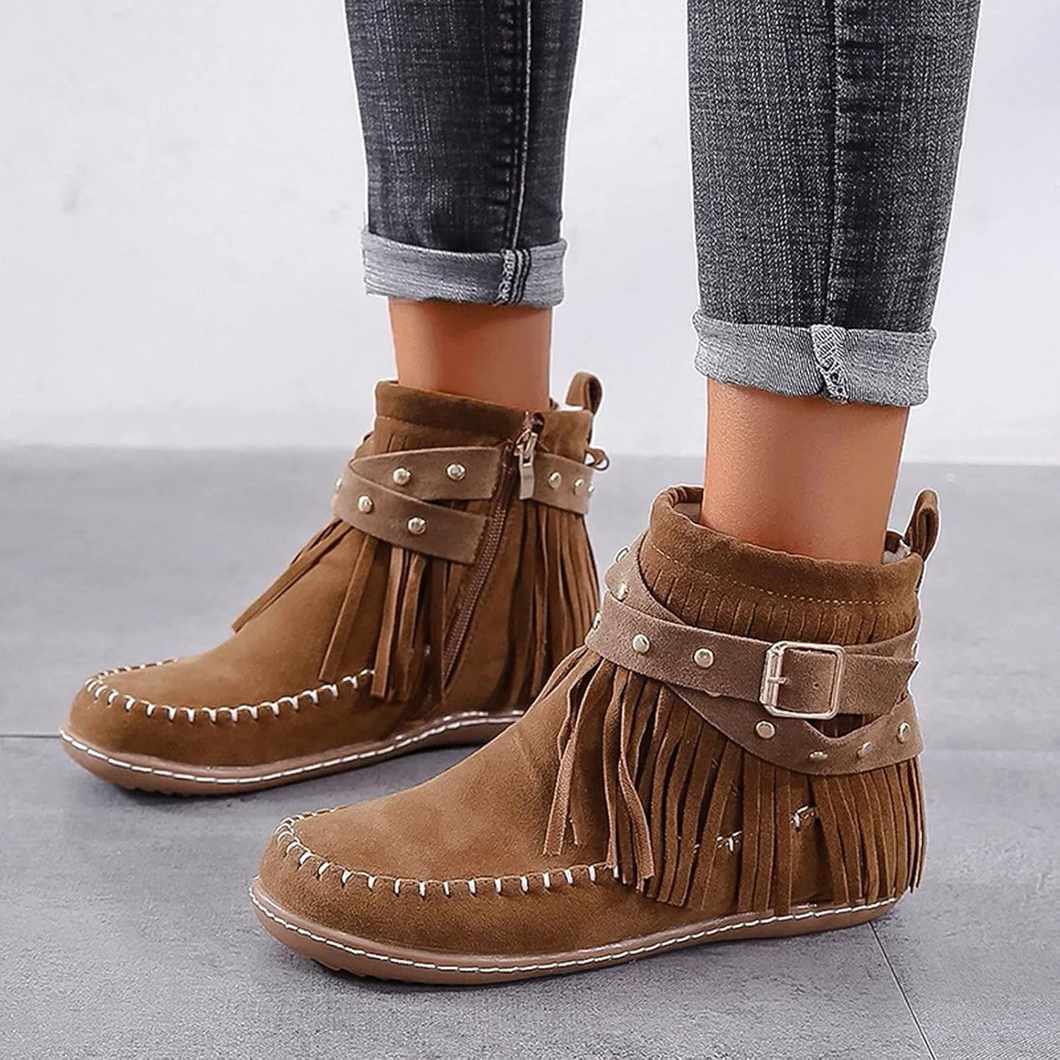 Cathalem Ankle Booties for Women Suede Fringe Ankle Boots Round Toe Flats Winter Warm Western Outdoor Short Boots with Zipper