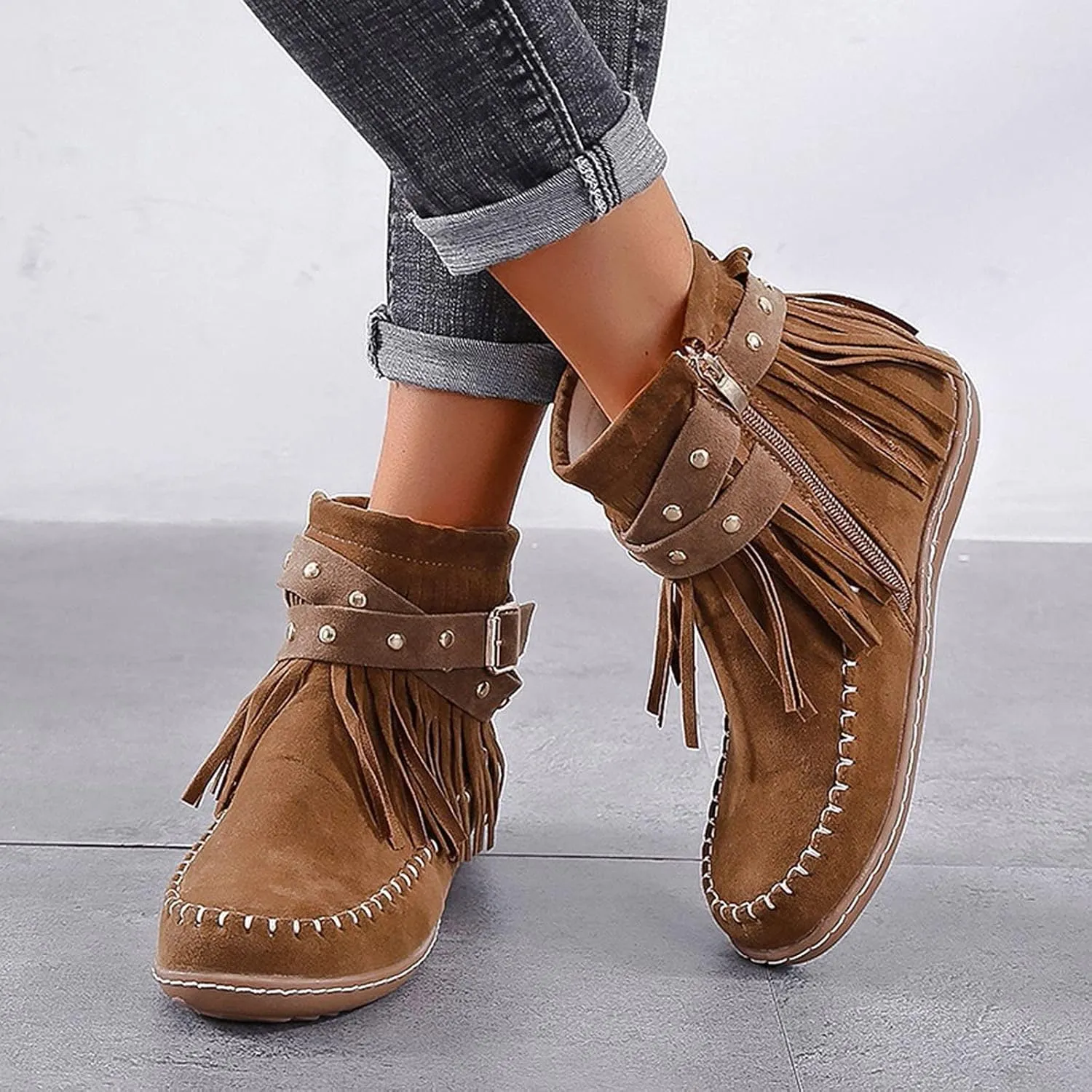 Cathalem Ankle Booties for Women Suede Fringe Ankle Boots Round Toe Flats Winter Warm Western Outdoor Short Boots with Zipper