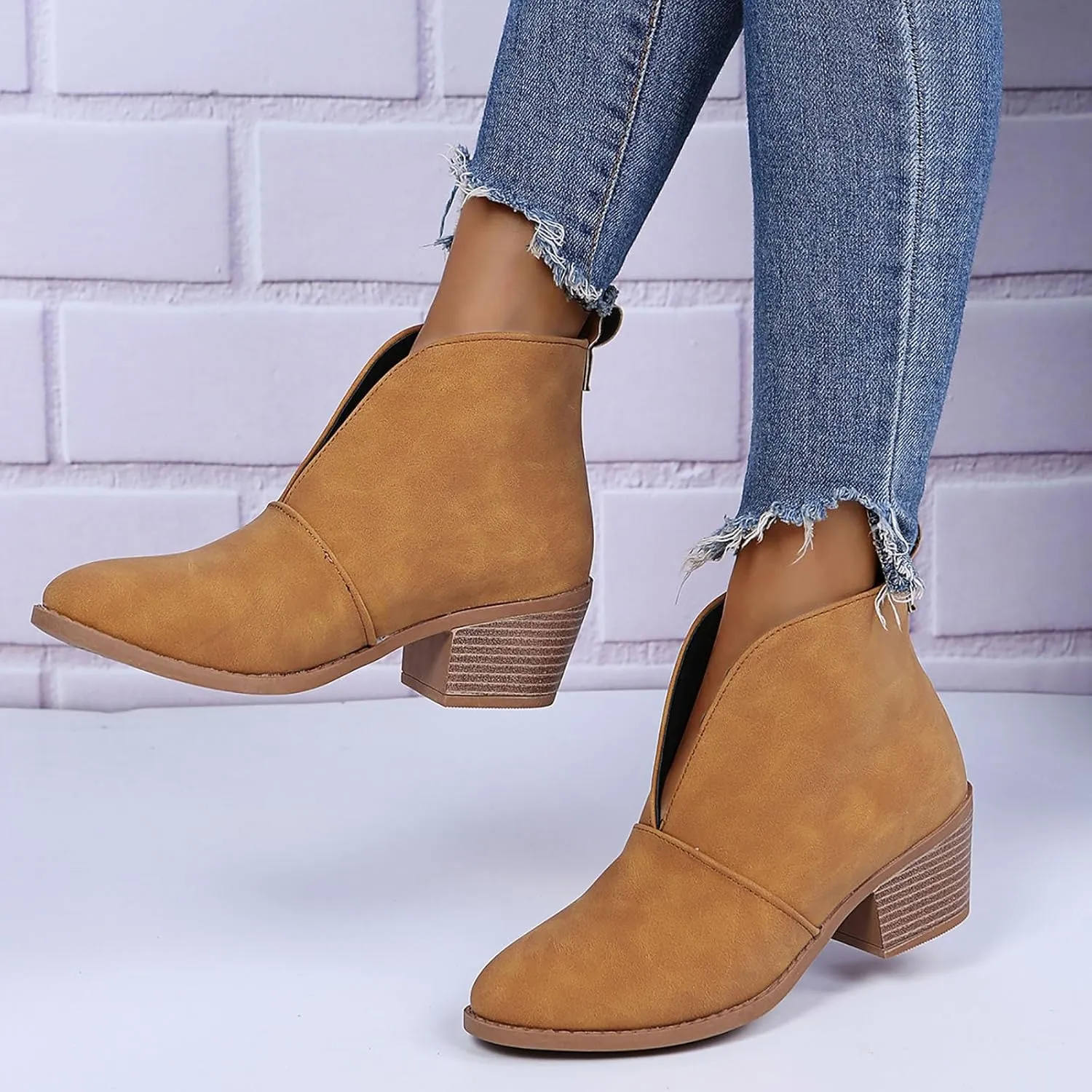 Cathalem Ankle Boots for Women Fashion Ankle Booties Slip On Pointed Toe Chunky Stacked Mid Heel Booties Western Cowboy Boots