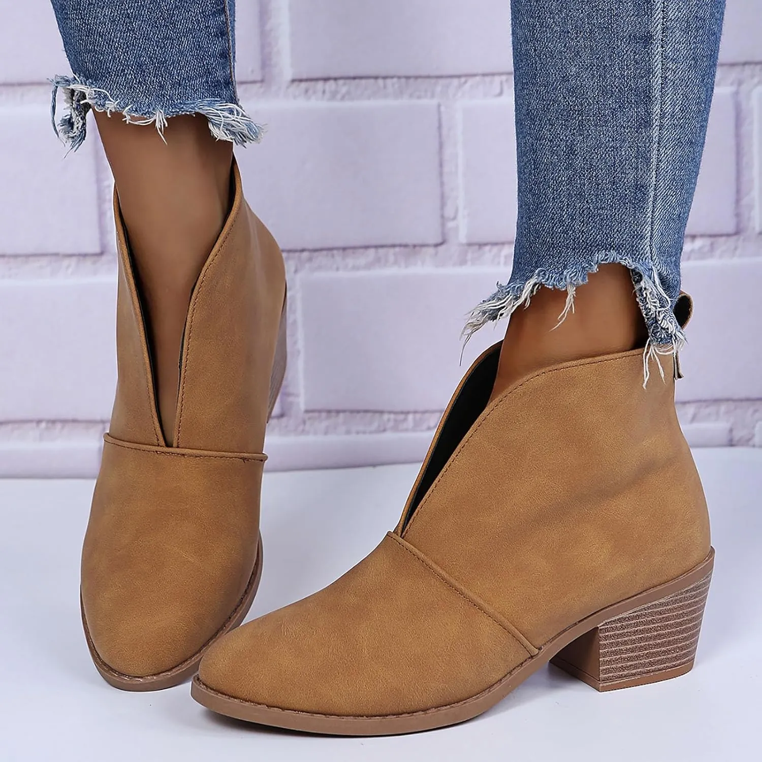 Cathalem Ankle Boots for Women Fashion Ankle Booties Slip On Pointed Toe Chunky Stacked Mid Heel Booties Western Cowboy Boots