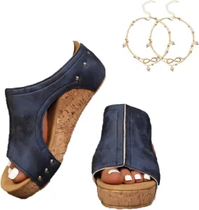 Cork Wedges & Platform Slides, Women's Thick Sole Comfy Leather Wedge Non-slip Summer Sandals,cork wedge sandal for women wide width