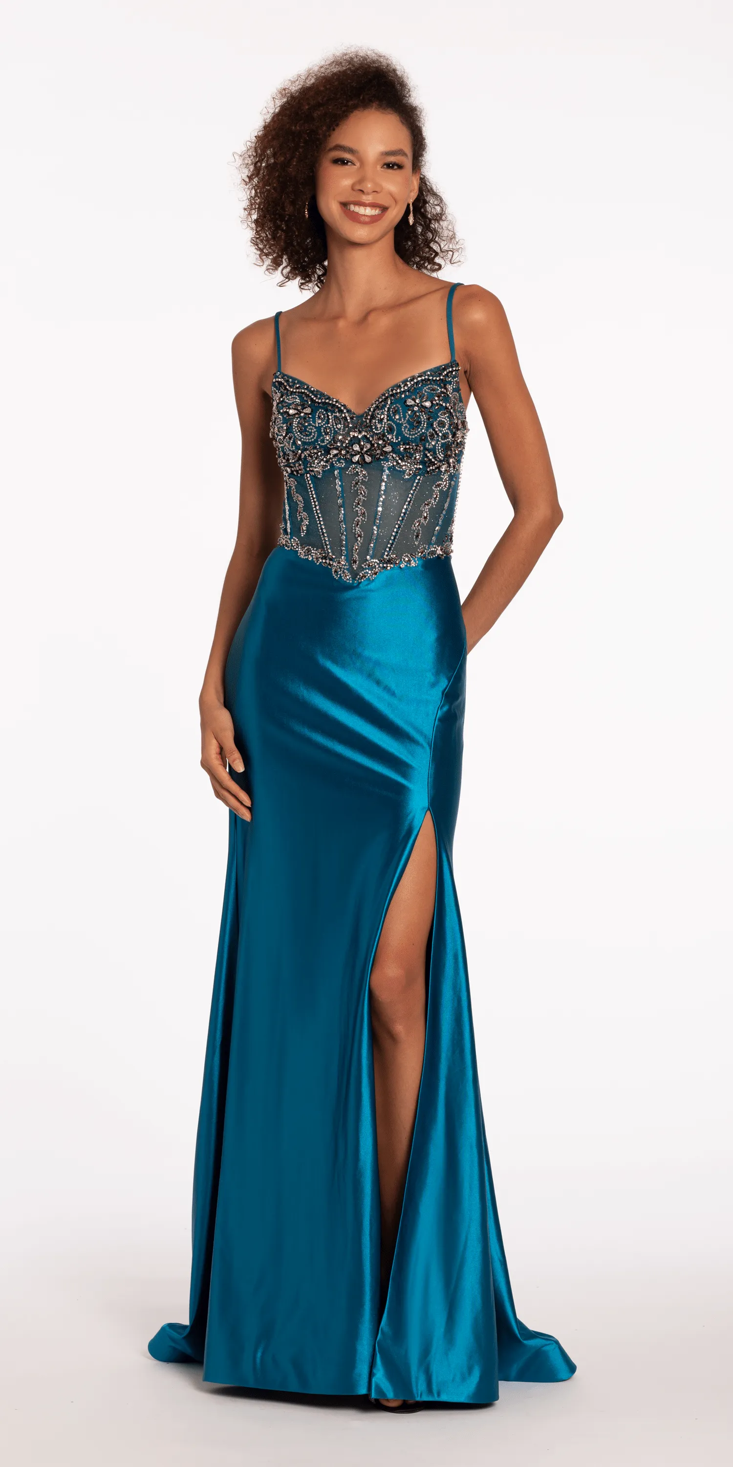 Double X Back Sweetheart Embellished Corset Trumpet Dress with Side Slit
