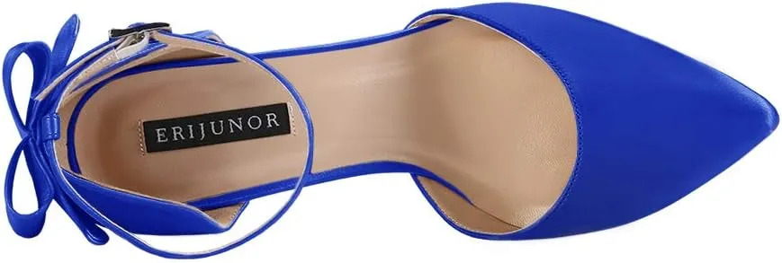 ERIJUNOR Wedding Evening Party Shoes Comfortable Mid Heels Pumps with Bow Knot Ankle Strap Wide Width Satin Shoes