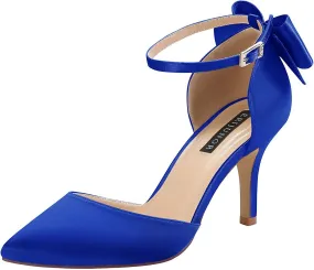 ERIJUNOR Wedding Evening Party Shoes Comfortable Mid Heels Pumps with Bow Knot Ankle Strap Wide Width Satin Shoes