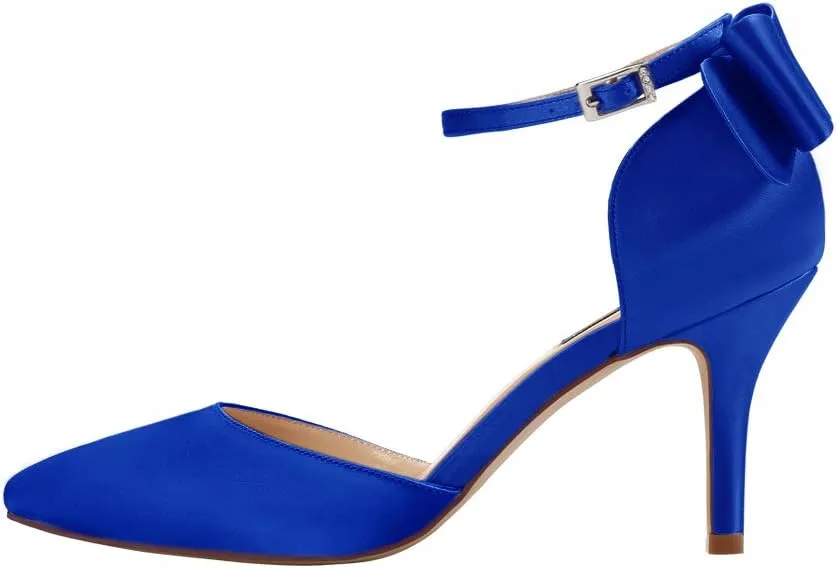 ERIJUNOR Wedding Evening Party Shoes Comfortable Mid Heels Pumps with Bow Knot Ankle Strap Wide Width Satin Shoes