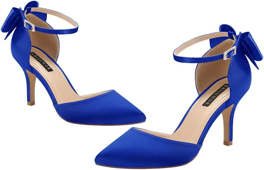 ERIJUNOR Wedding Evening Party Shoes Comfortable Mid Heels Pumps with Bow Knot Ankle Strap Wide Width Satin Shoes