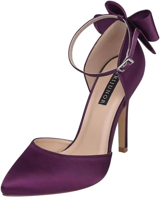 ERIJUNOR Women High Heel Bow Ankle Strap Evening Party Dance Wedding Satin Shoes