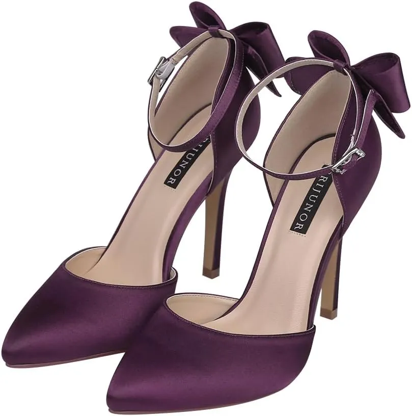 ERIJUNOR Women High Heel Bow Ankle Strap Evening Party Dance Wedding Satin Shoes