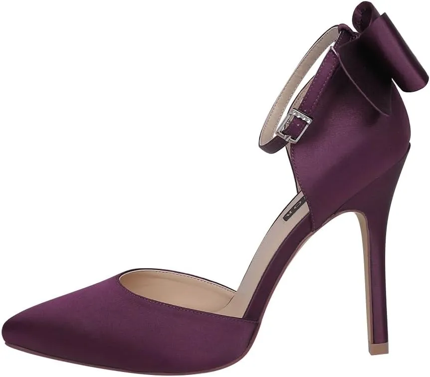 ERIJUNOR Women High Heel Bow Ankle Strap Evening Party Dance Wedding Satin Shoes