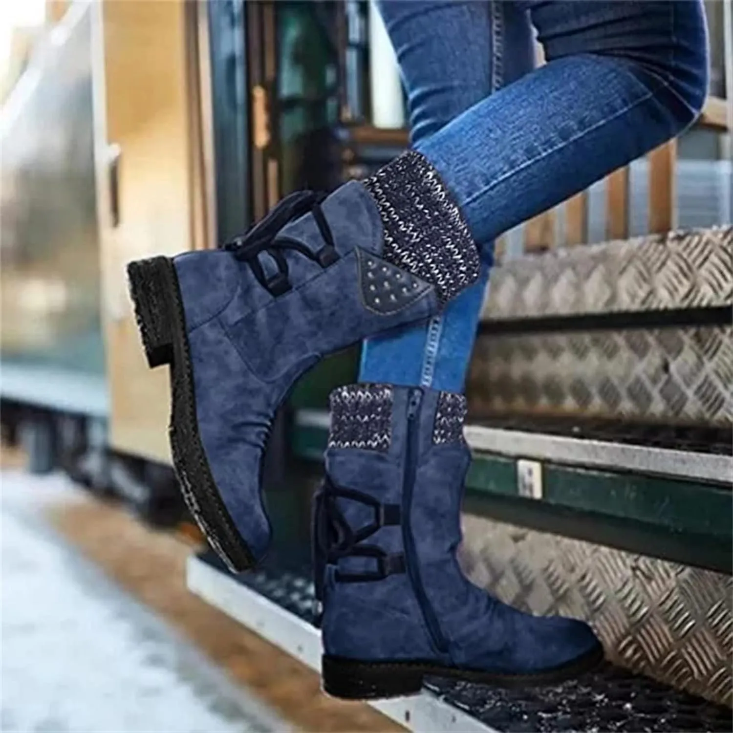 Fall Boots For Women 2024 Wide Calf Military Combat Boots Mid Calf Side Zipper Low Heel Motorcycle Riding Biker Boots