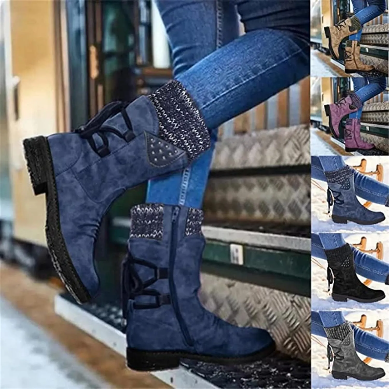 Fall Boots For Women 2024 Wide Calf Military Combat Boots Mid Calf Side Zipper Low Heel Motorcycle Riding Biker Boots