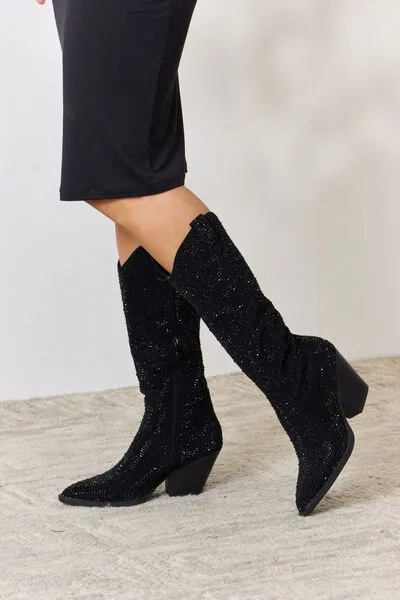 Forever Link Black Rhinestone Embellished Knee High Cowgirl Boots