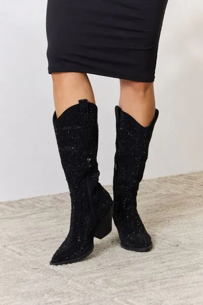 Forever Link Black Rhinestone Embellished Knee High Cowgirl Boots